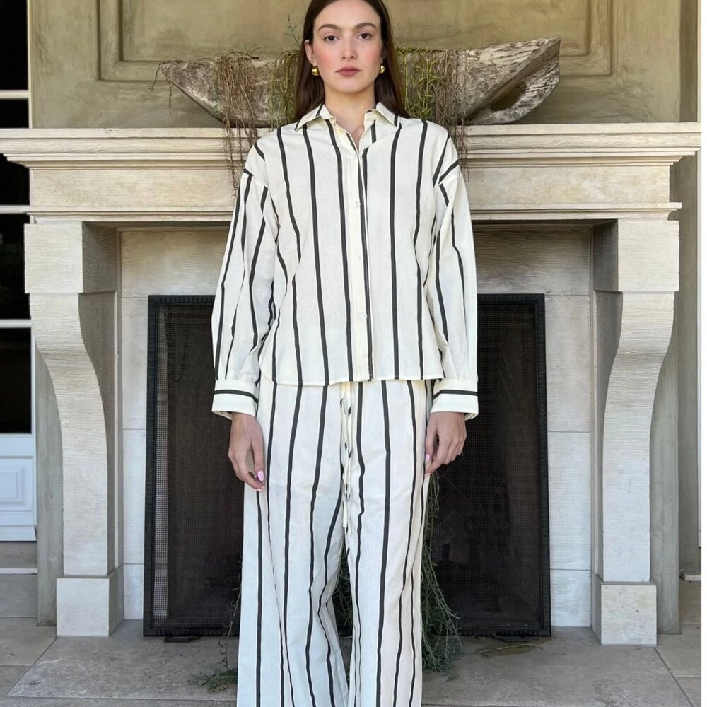 Benaar LA Hilda Striped Long Sleeve Linen Button Down Top - Picture 4 of 5